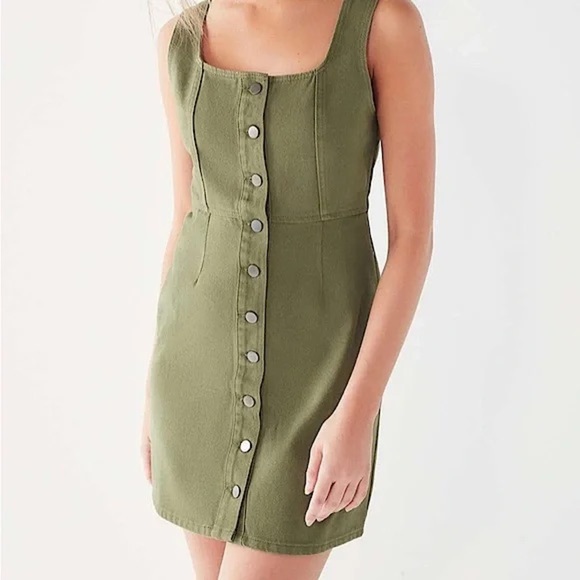 Urban Outfitters Denim Fitted Button Front Mini Dress in Army Green Size 4 - Picture 1 of 14